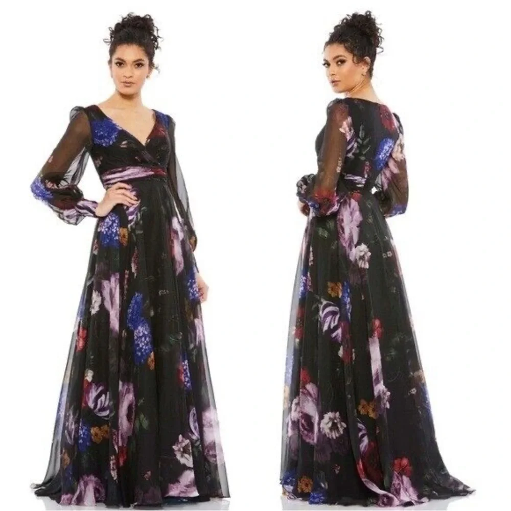 Mac Duggal Long Sleeve Floral Chiffon Gown, NWT, Current 2025 Season, Saks $600 - Picture 4 of 5